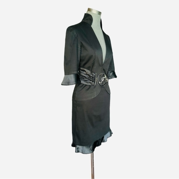 Intuition Black Ruffled Blazer Skirt Suit Belted Rhinestone Trim Size 10 - Picture 5 of 7